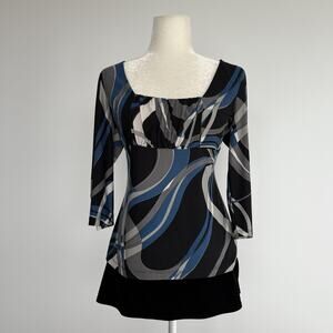 AGB Tunic Blouse Womens M Multicolor Geometric Square Neck 3/4 Sleeve Knit Top
